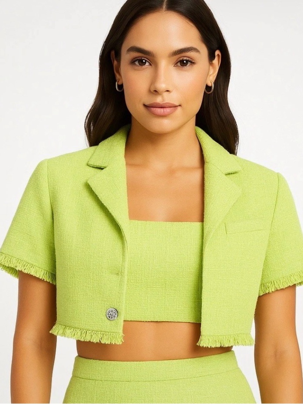House of Harlow 1960- Cropped Lime Green Tweed Jacket and Crop Top Set